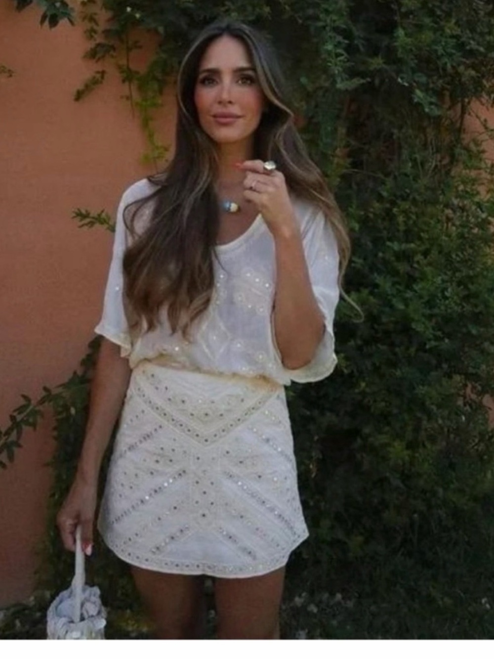 Zara Cream Beaded Chevron Mini Skirt